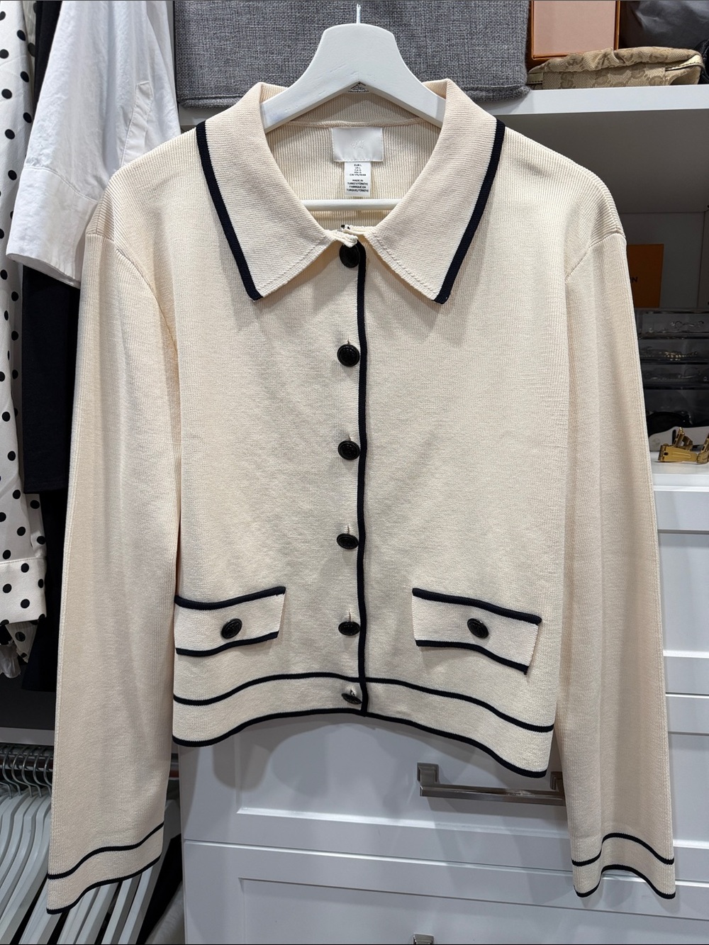 Zara Cream Knit Button-Front Jacket with Black Trim